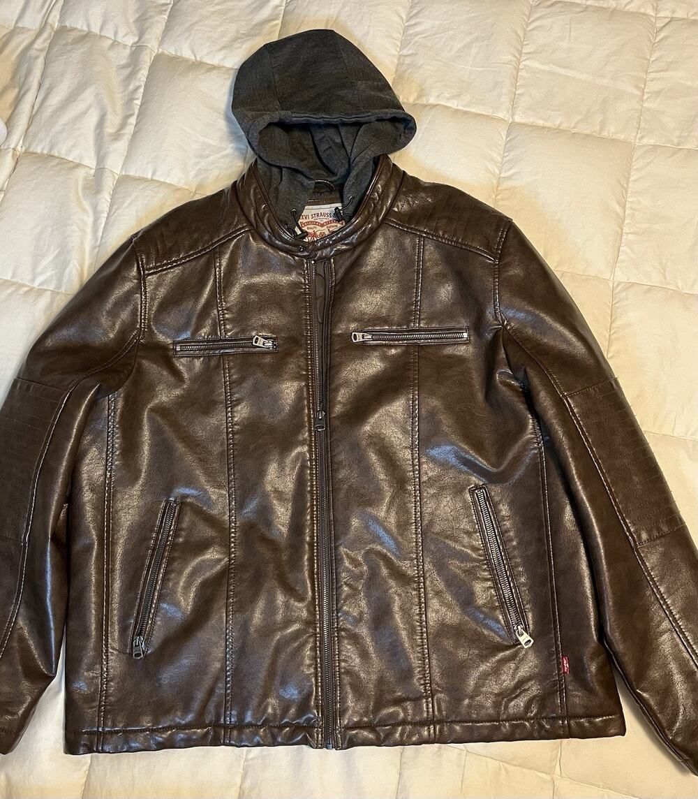 Levi’s Dark Brown Faux Leather Hoodie Quilt Lined Jacket Size XXL Dark Gray Hood